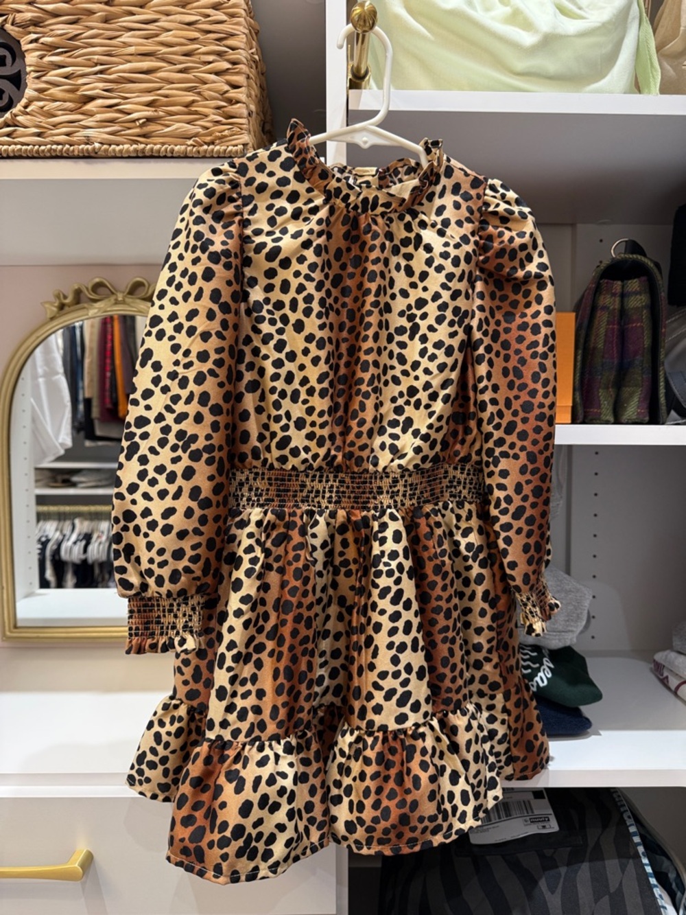 Janie and Jack Leopard Print Long Sleeve Ruffle Dress - Brown and Black